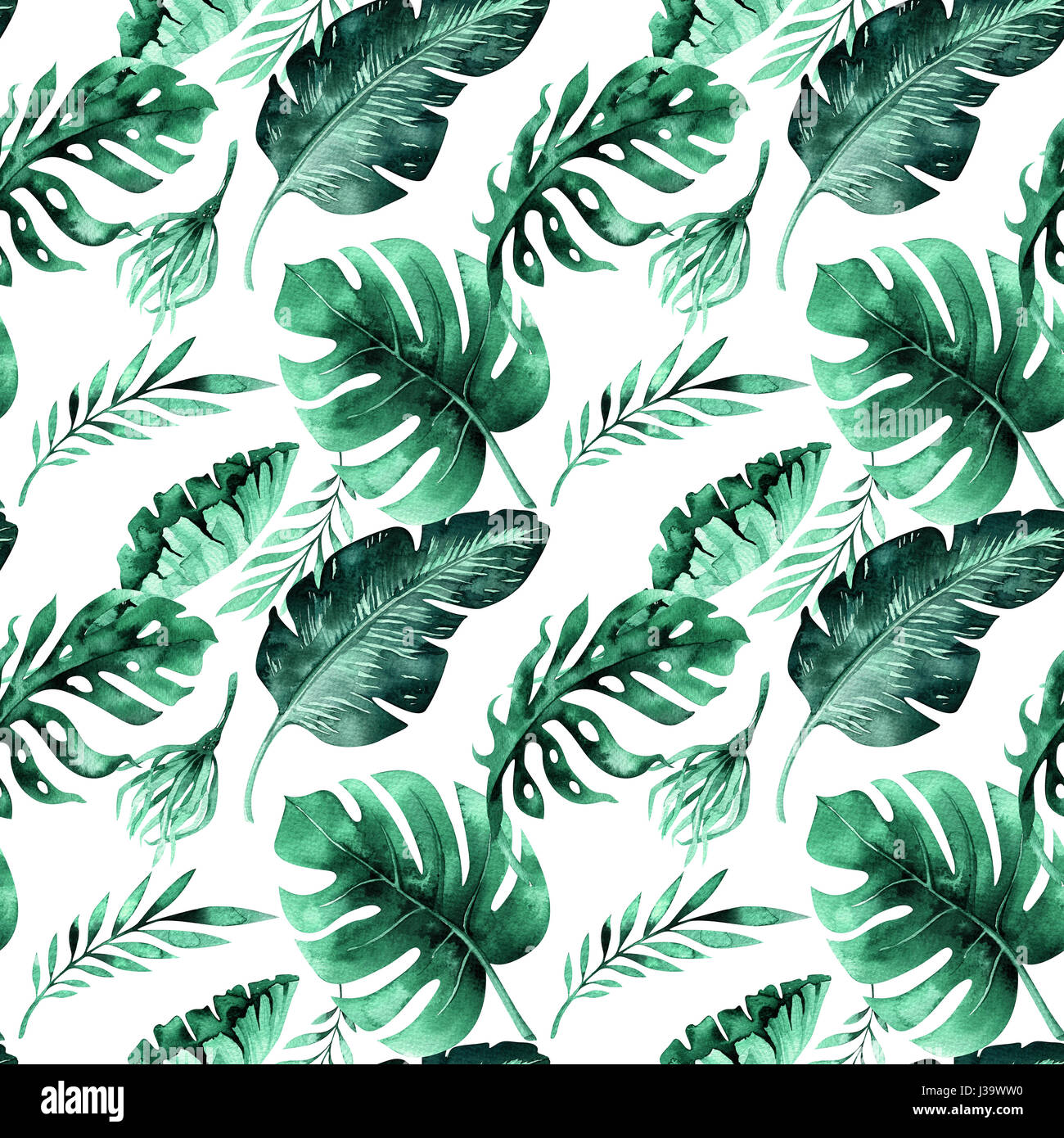 Seamless watercolor pattern of tropical leaves, dense jungle. Ha Stock Photo
