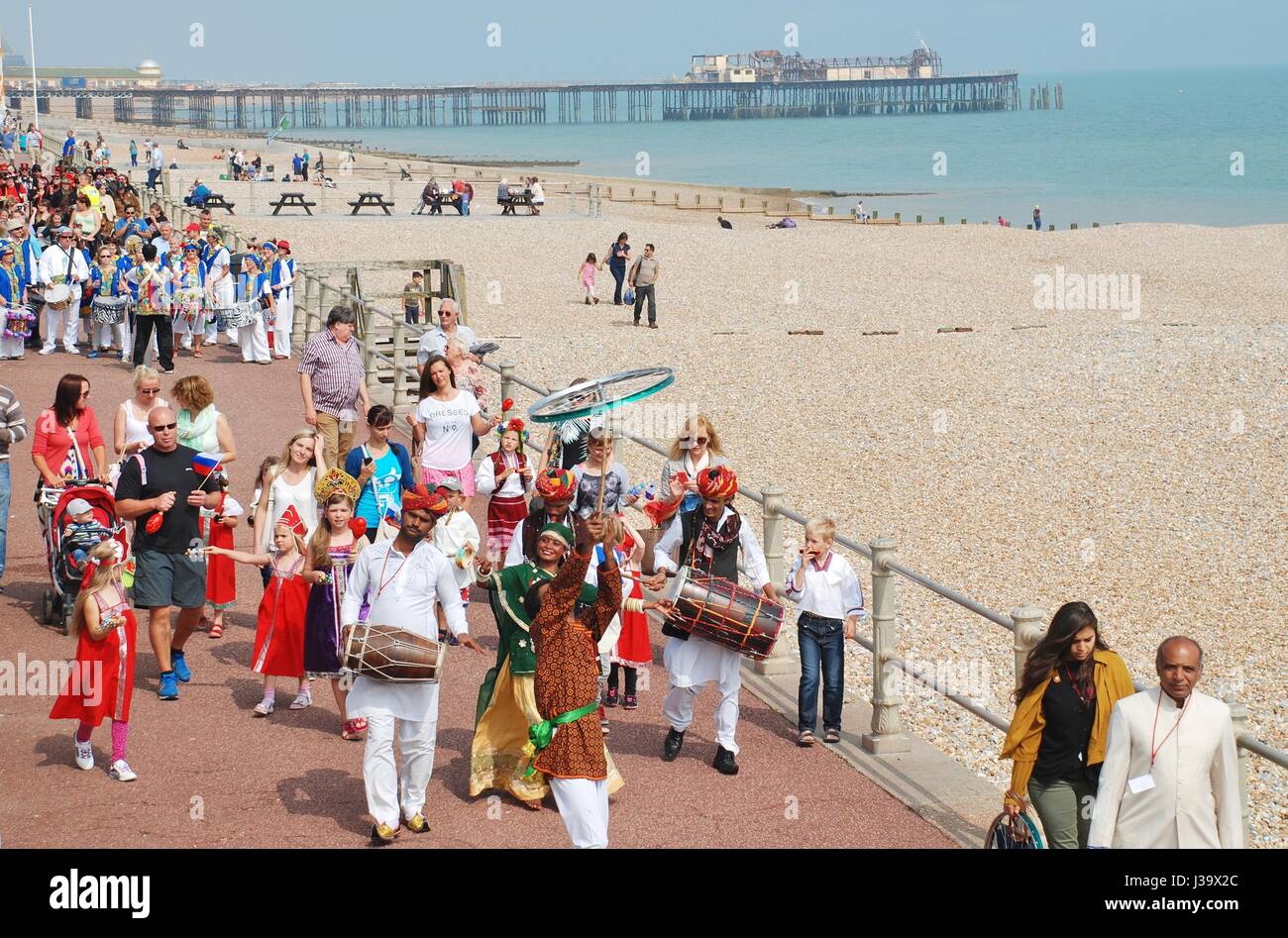 Musafir -Gypsies of Rajasthan, Indian music group, parade along the seafront at the St. Leonards Festival at St.Leonards-on-Sea on July 12, 2014. Stock Photo