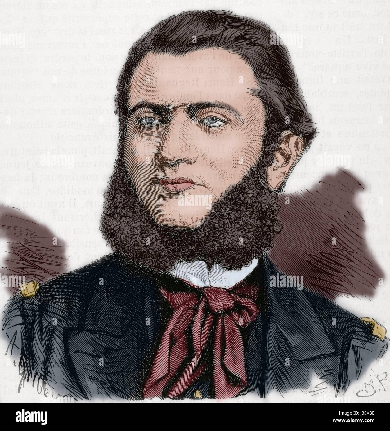 Marcel Foillard (1838-1871). French military. Portrait. Engraving by A. Gilber. 'L'Illustration, Journal Universel', 1871. Colored. Stock Photo