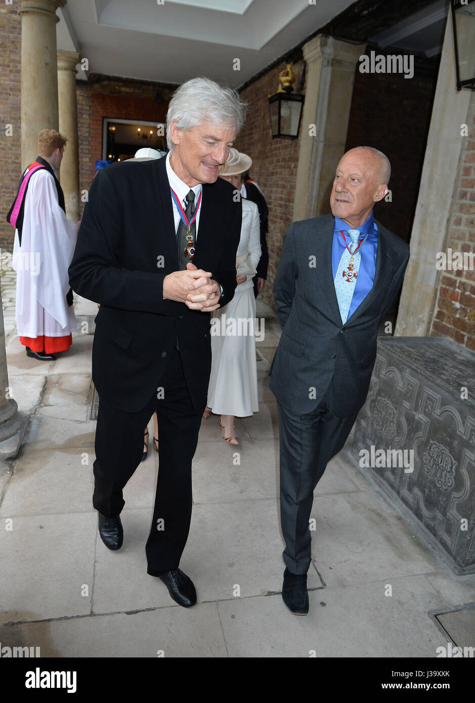 Sir James Dyson (left) and Lord Foster of Thames Bank arriving at Chapel Royal in St James's Palace, London, for an Order of Merit service. Stock Photo