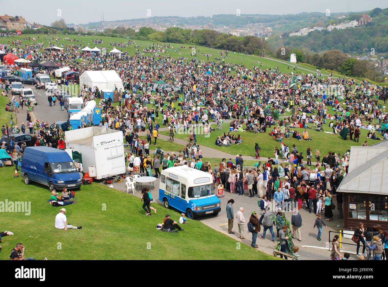 People on the West Hill during the annual Jack In The Green festival at Hastings in East Sussex, England on May 5, 2014. Stock Photo