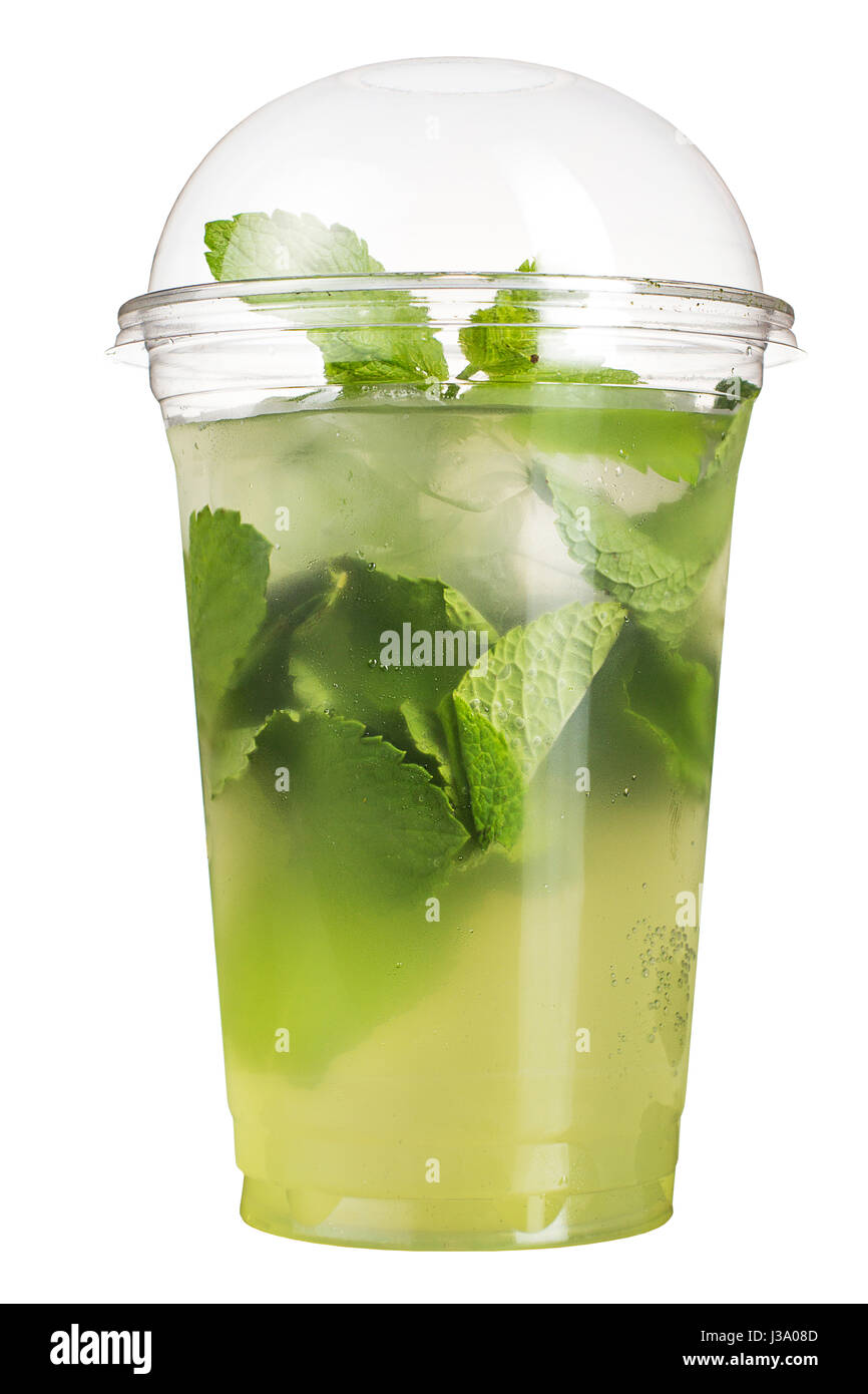 Take-away drink. Refreshing drink in a plastic cup. Minty cocktail. isolated. Stock Photo
