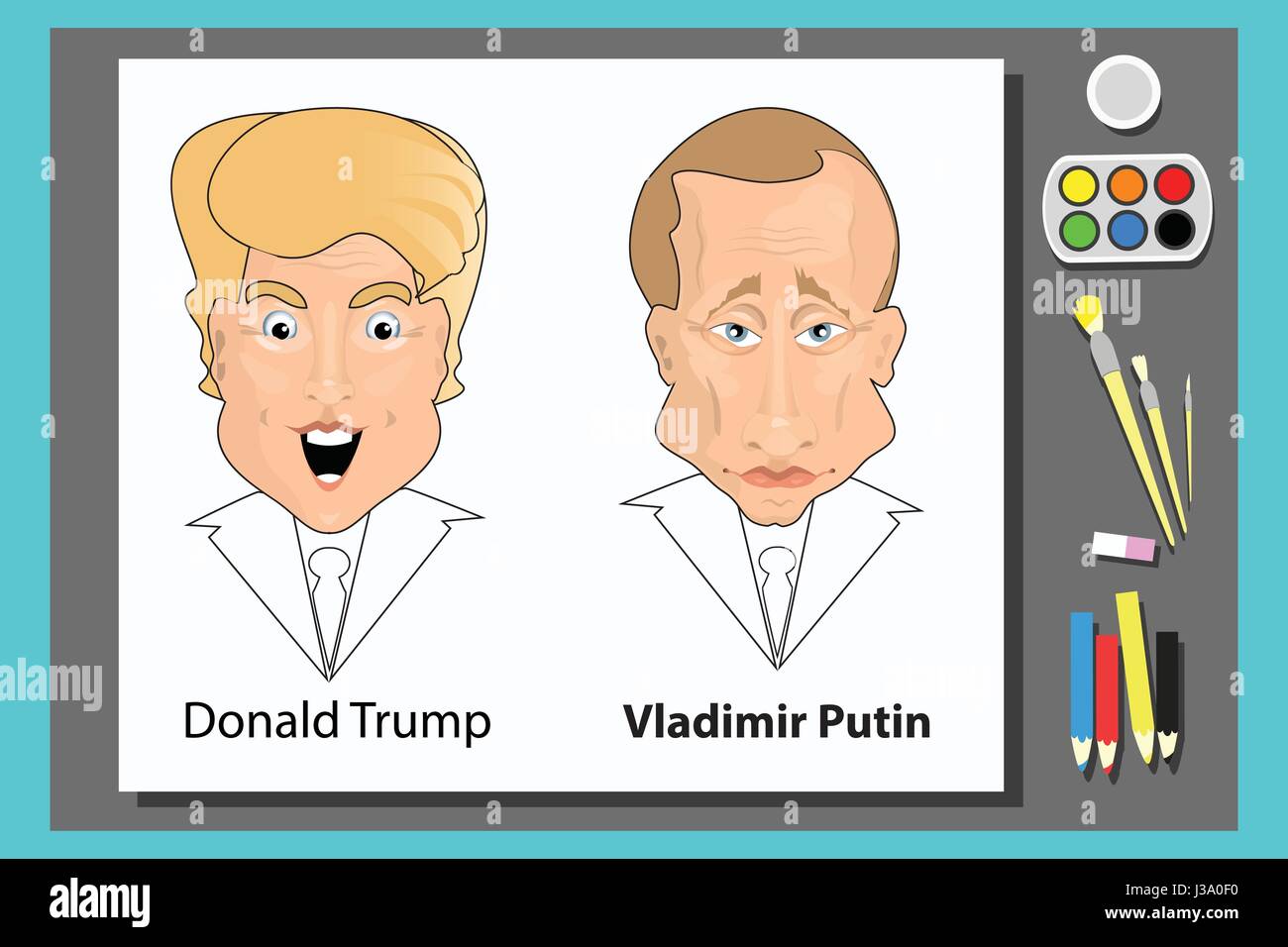 Donald Trump President of the United States and Putin Vladimir of Russia. Illustration for your design. On canvas with paints and brushes. drawing Stock Vector