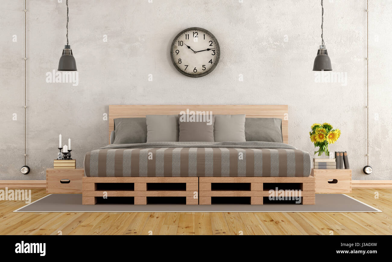 Master Bedroom In Rustic Style With Pallet Bed 3d Rendering Stock Photo Alamy