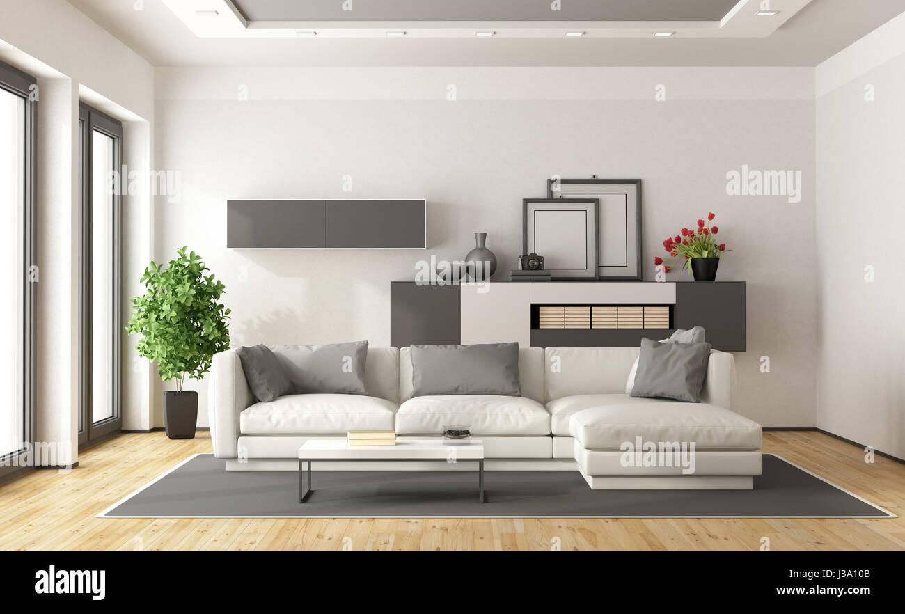 White and gray modern minimalist living room - 3d rendering Stock Photo ...