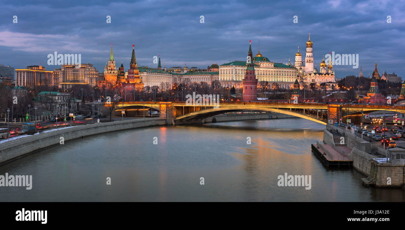 Kremlin and Bolshoy Kamenny Bridge in the Evening, Moscow, Russia Stock Photo