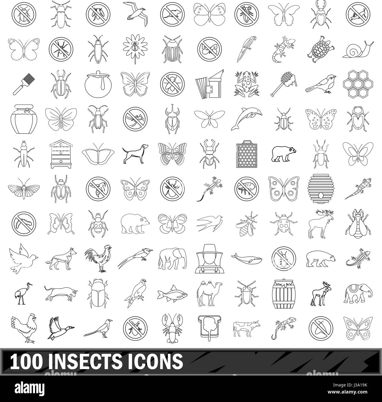 100 insects icons set, outline style Stock Vector