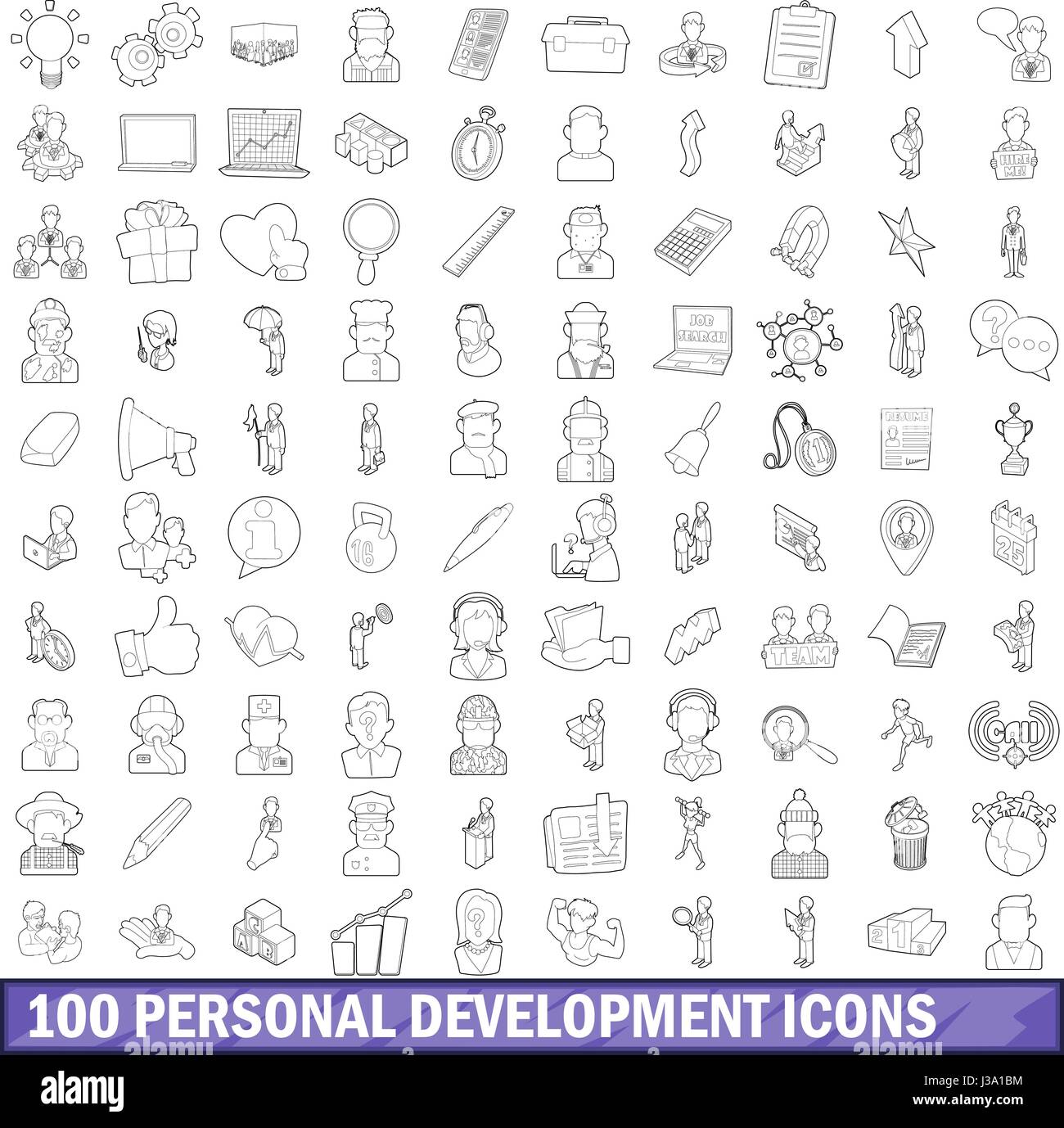 100 personal development icons set, outline style Stock Vector Image ...