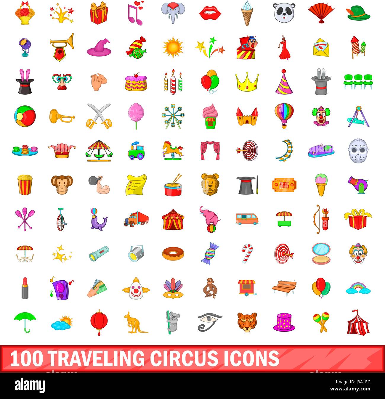 100 traveling circus icons set, cartoon style Stock Vector Image & Art ...