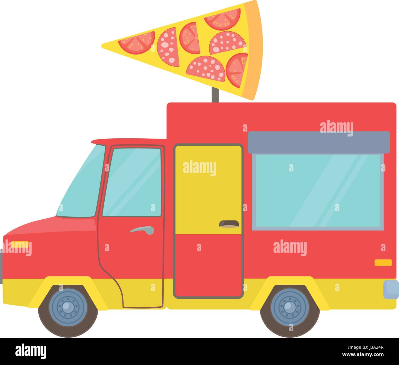 Food Truck With Slice Of Pizza Icon Cartoon Style Stock