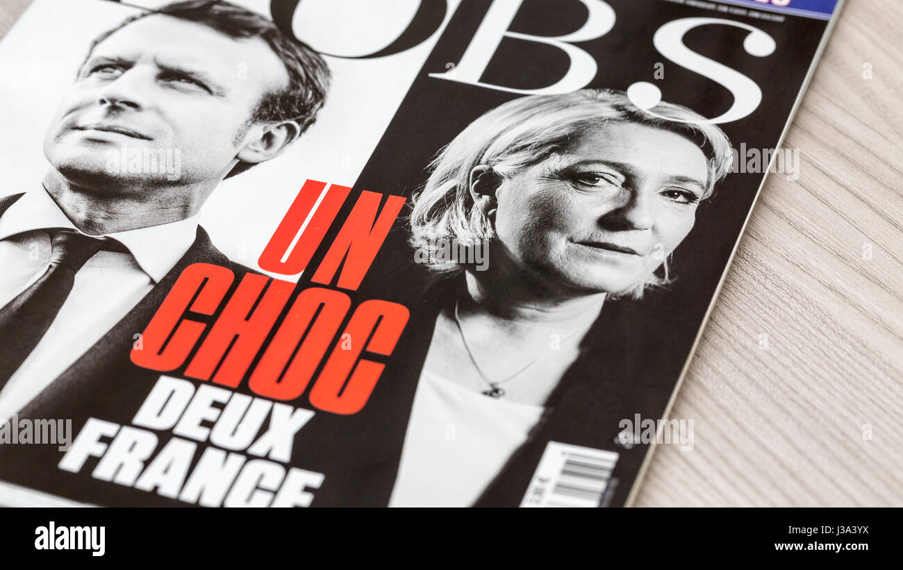 France - April 29,2017: Covers of the French magazine L'OBS featuring the two presidential candidates which won the first round of the French election Stock Photo