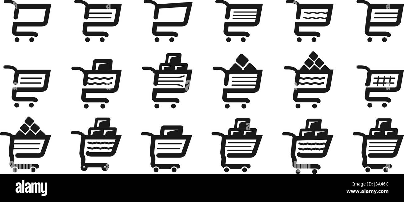 Shopping cart, set icons. Supermarket, grocery store, pushcart symbol or logo. Vector illustration Stock Vector