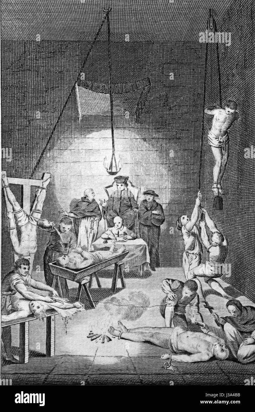 Representations of the methods of torture used by the Inquisition. Engraving from c 1780 edition of The New Book of Martyrs by Rev Dr Henry Southwell  Stock Photo