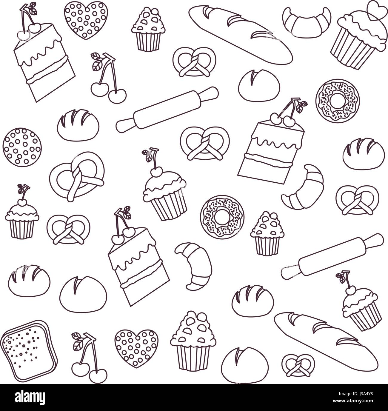 Bread muffin cake donut and rolling pin background Stock Vector Image