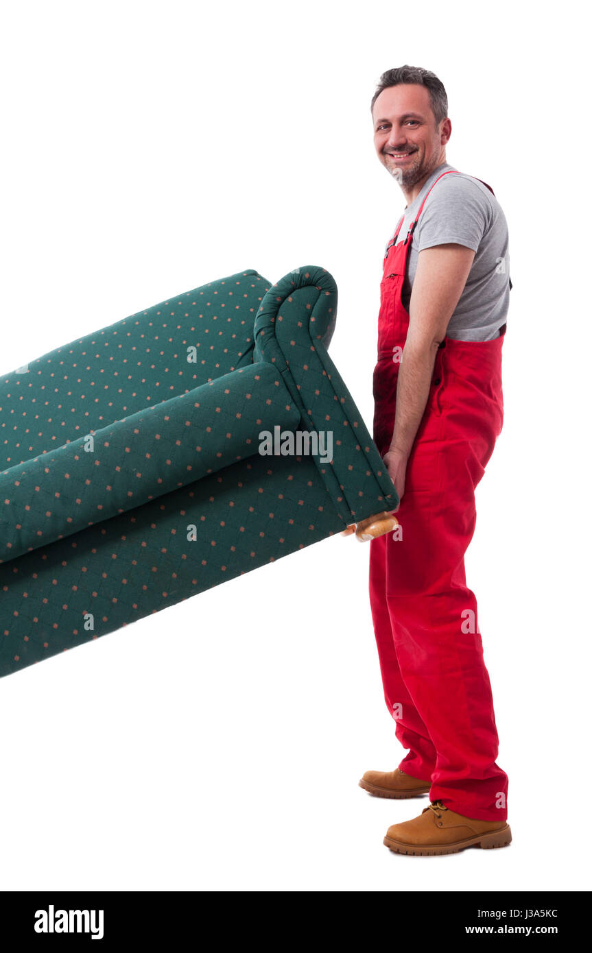 Full Body Mover Guy Lifting Up A Heavy Couch And Smiling Isolated