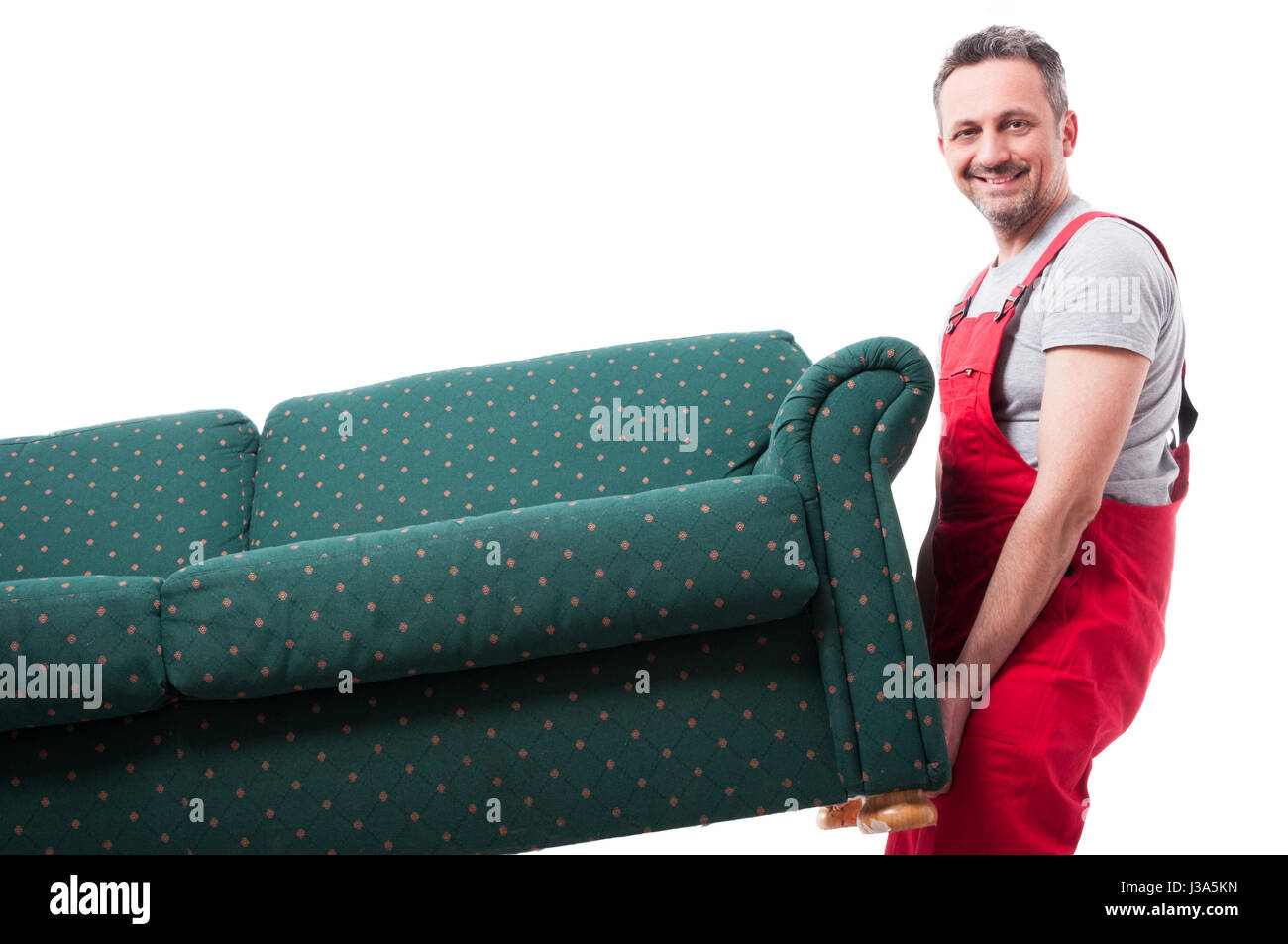 Mover Guy Lifting Up Couch While Moving And Smiling Isolated On