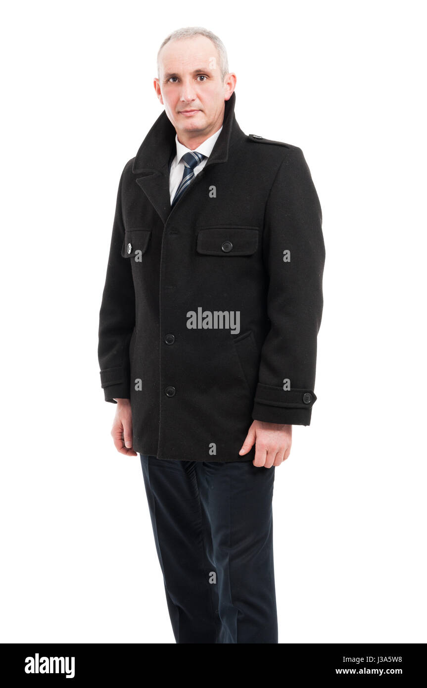 Middle age business man posing wearing overcoat elegant isolated on ...