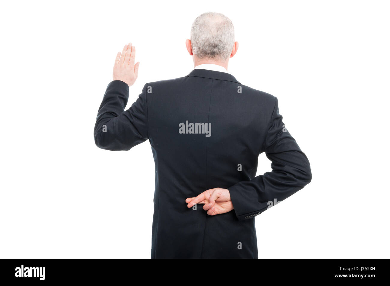 Back view aged elegant man making fake oath gesture wearing suit isolated on white background with copy text space Stock Photo