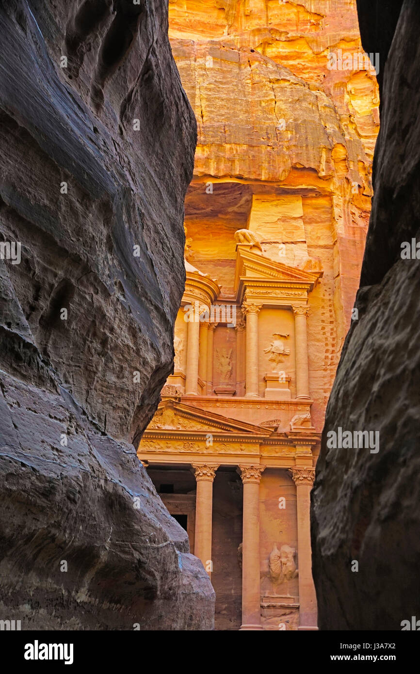 The Treasury viewed from the Siq at Petra. Stock Photo