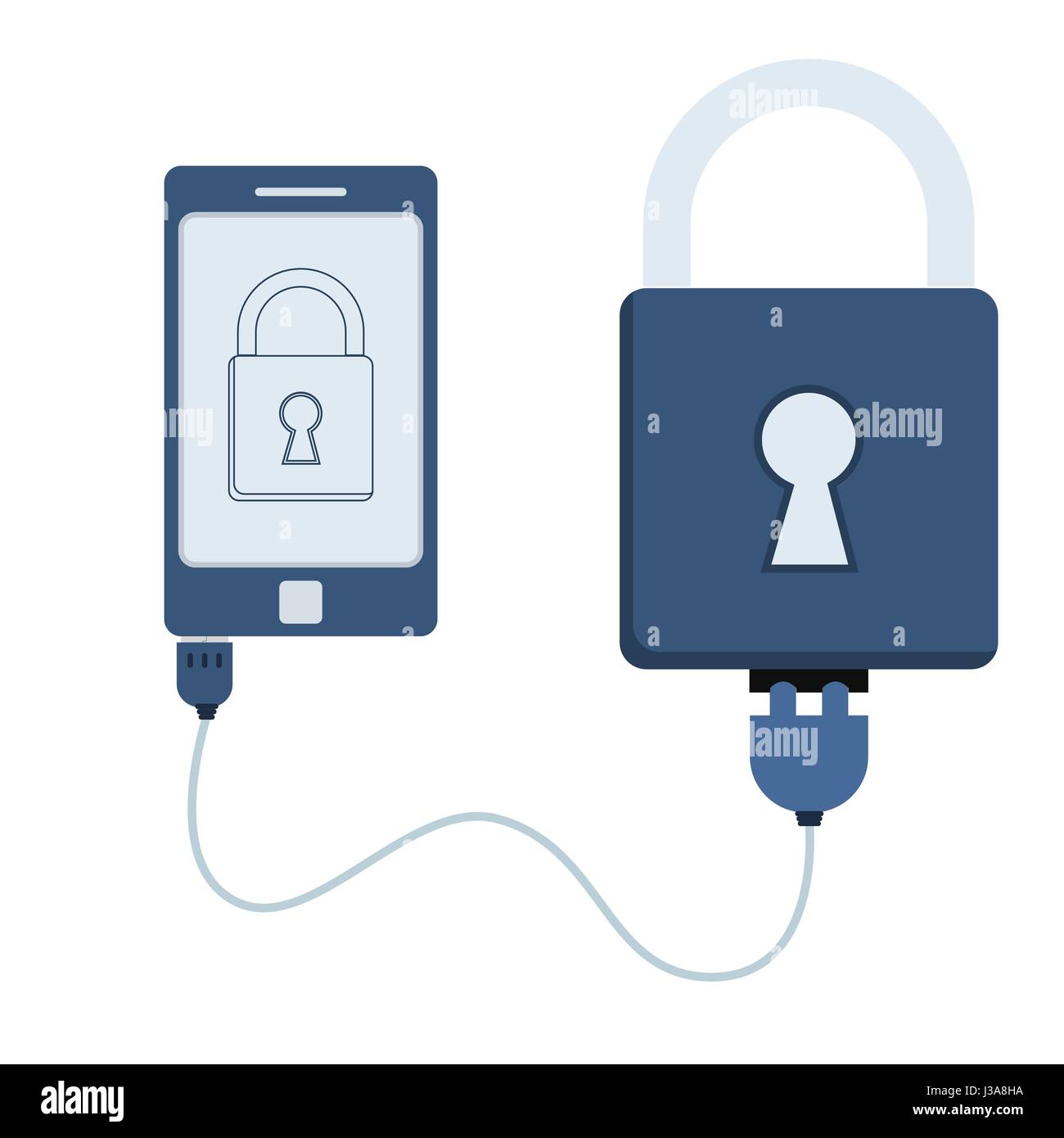 Padlock connected to a cell phone through a usb cable. Outline of the padlock being shown on the mobile monitor. Flat design. Isolated. Stock Vector
