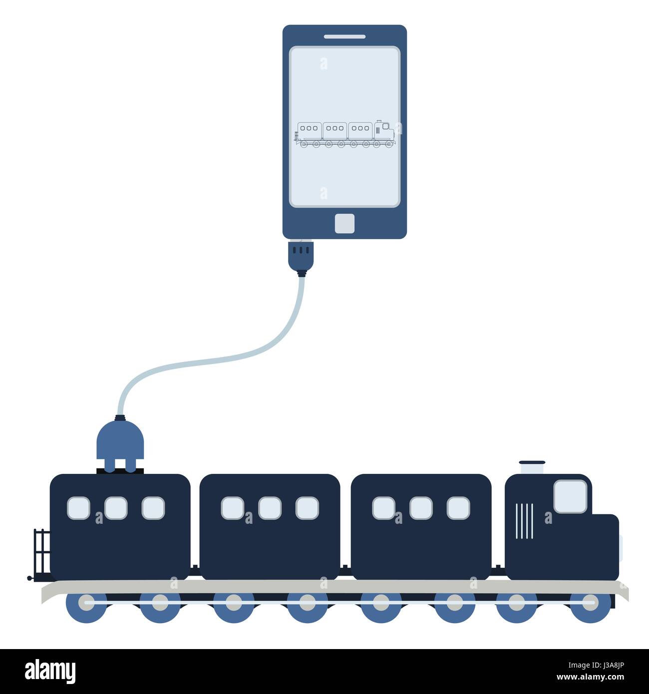 Train connected to a cell phone through a usb cable. Outline of the train being shown on the mobile monitor. Flat design. Isolated. Stock Vector