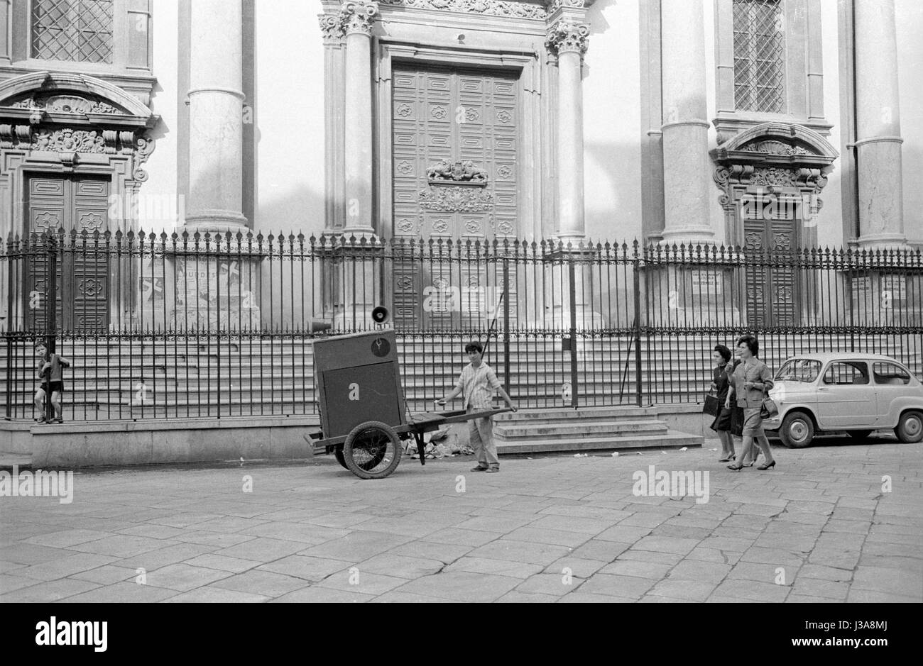 'Sound truck in front of the church ''Sant Ignazio all'Olivella'' in Palermo, 1963' Stock Photo