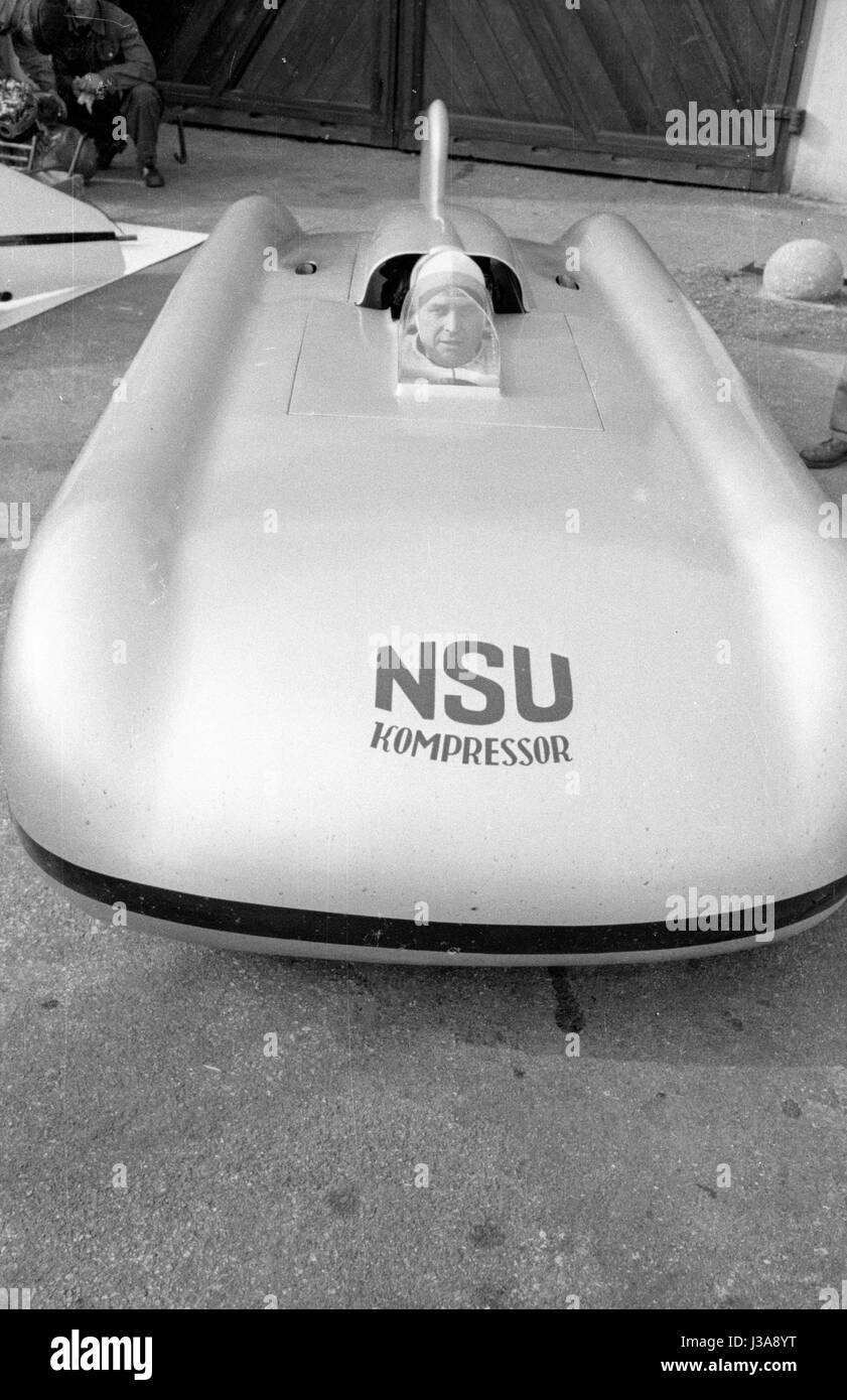 Ferdinand Lehder in the NSU world record car 1951 Stock Photo