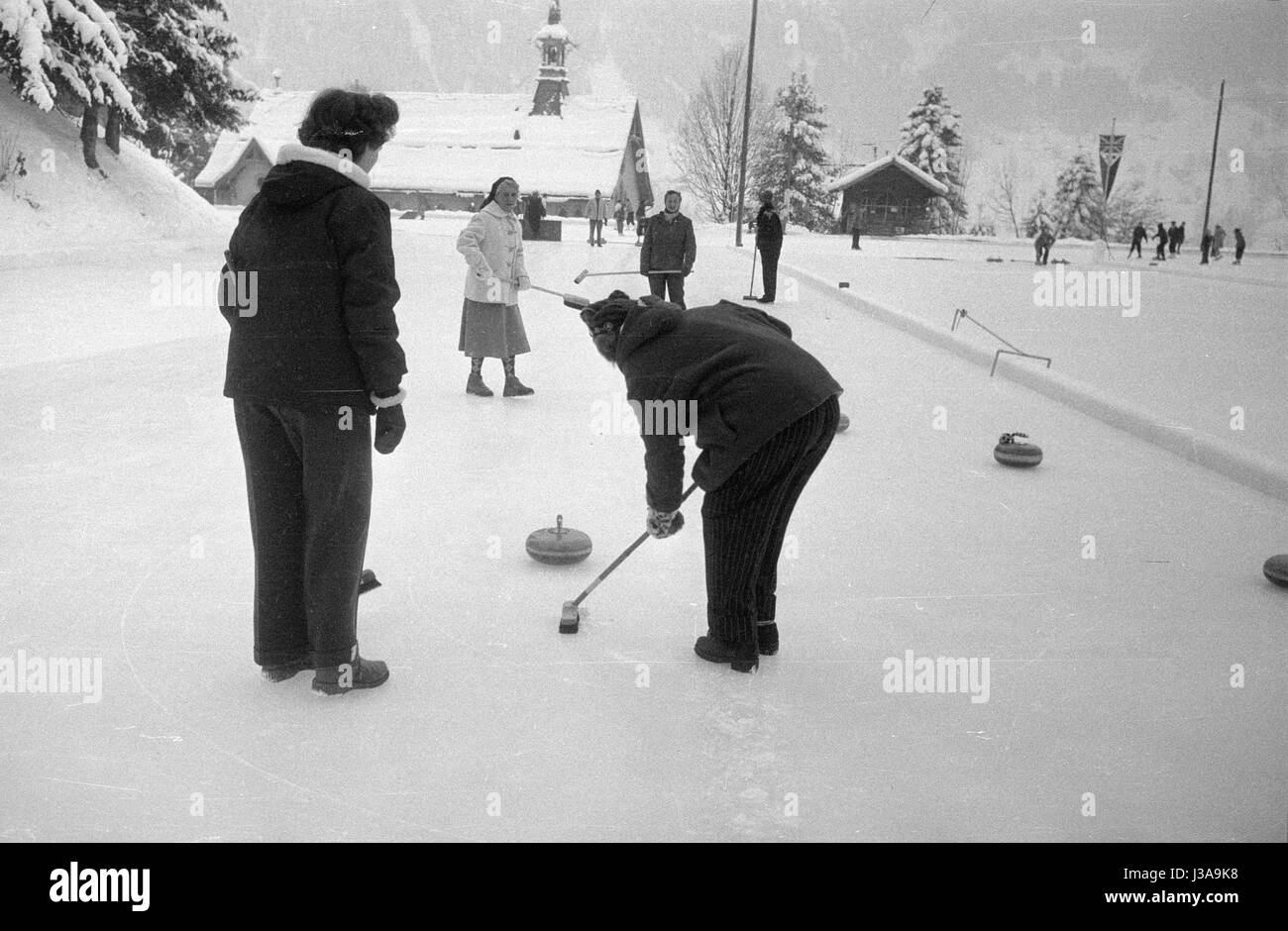 Curling in Grindelwald, 1954 Stock Photo