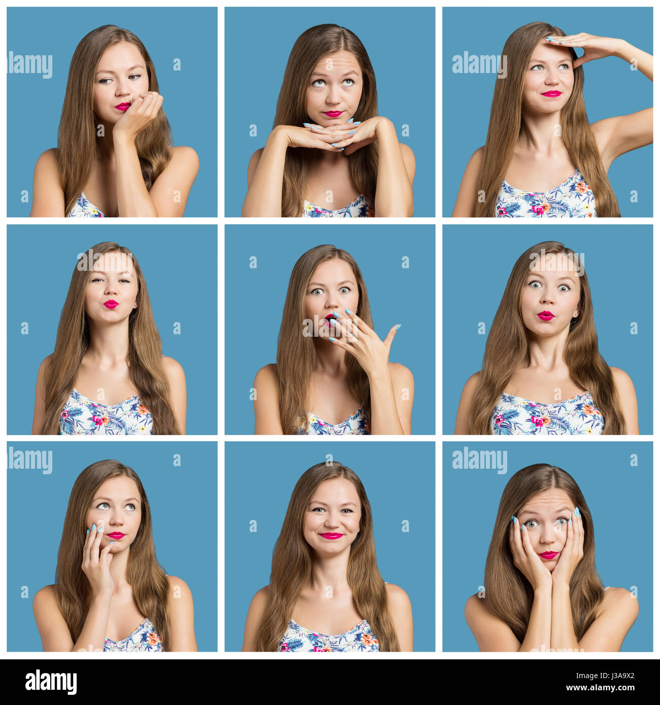 Collage of a beautiful woman with different facial expression Stock Photo