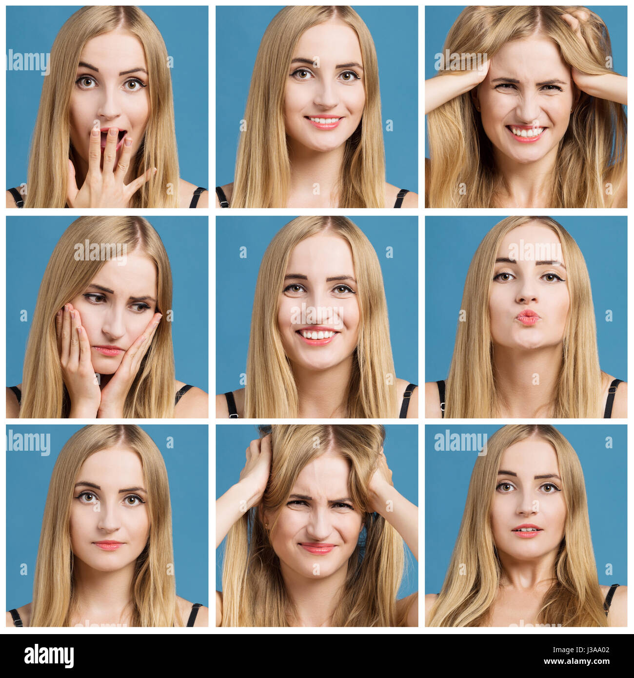 Collage of a beautiful woman with different facial expression Stock Photo
