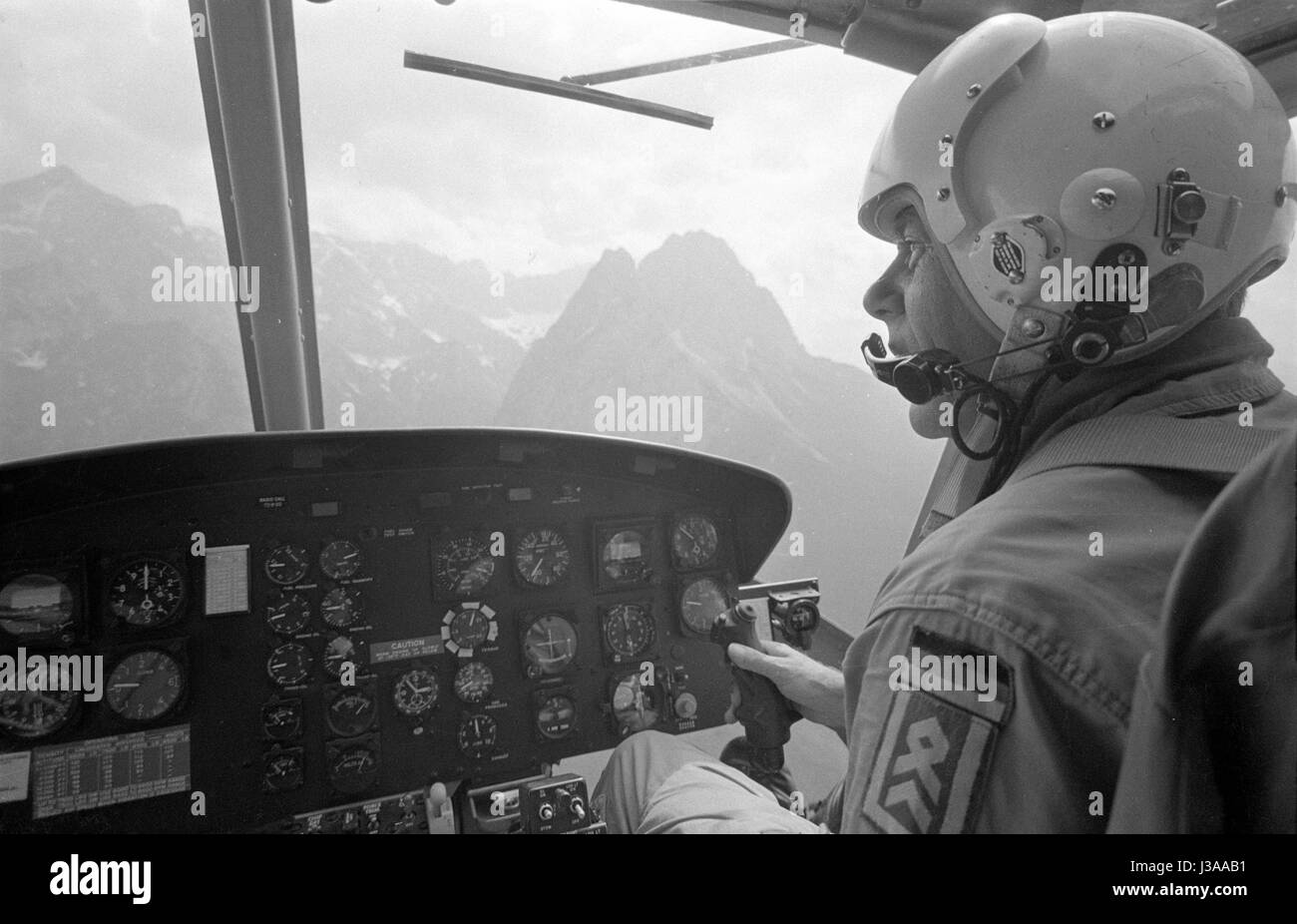View of the cockpit of a rescue helicopter, 1970 Stock Photo