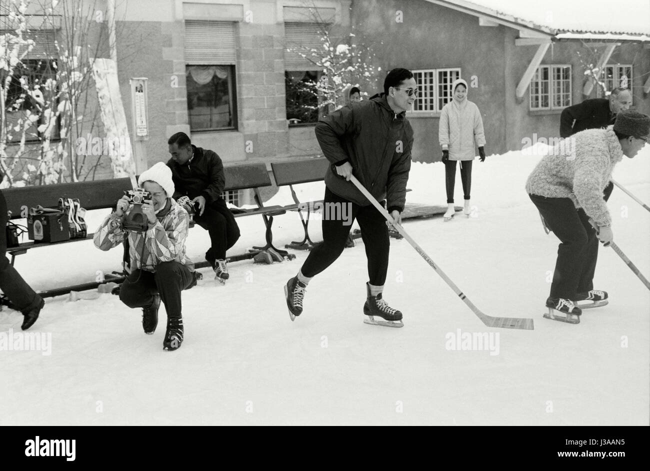 King of Thailand Bhumibol ADULYADEJ with his wife SIRIKIT during their skiing holiday Stock Photo