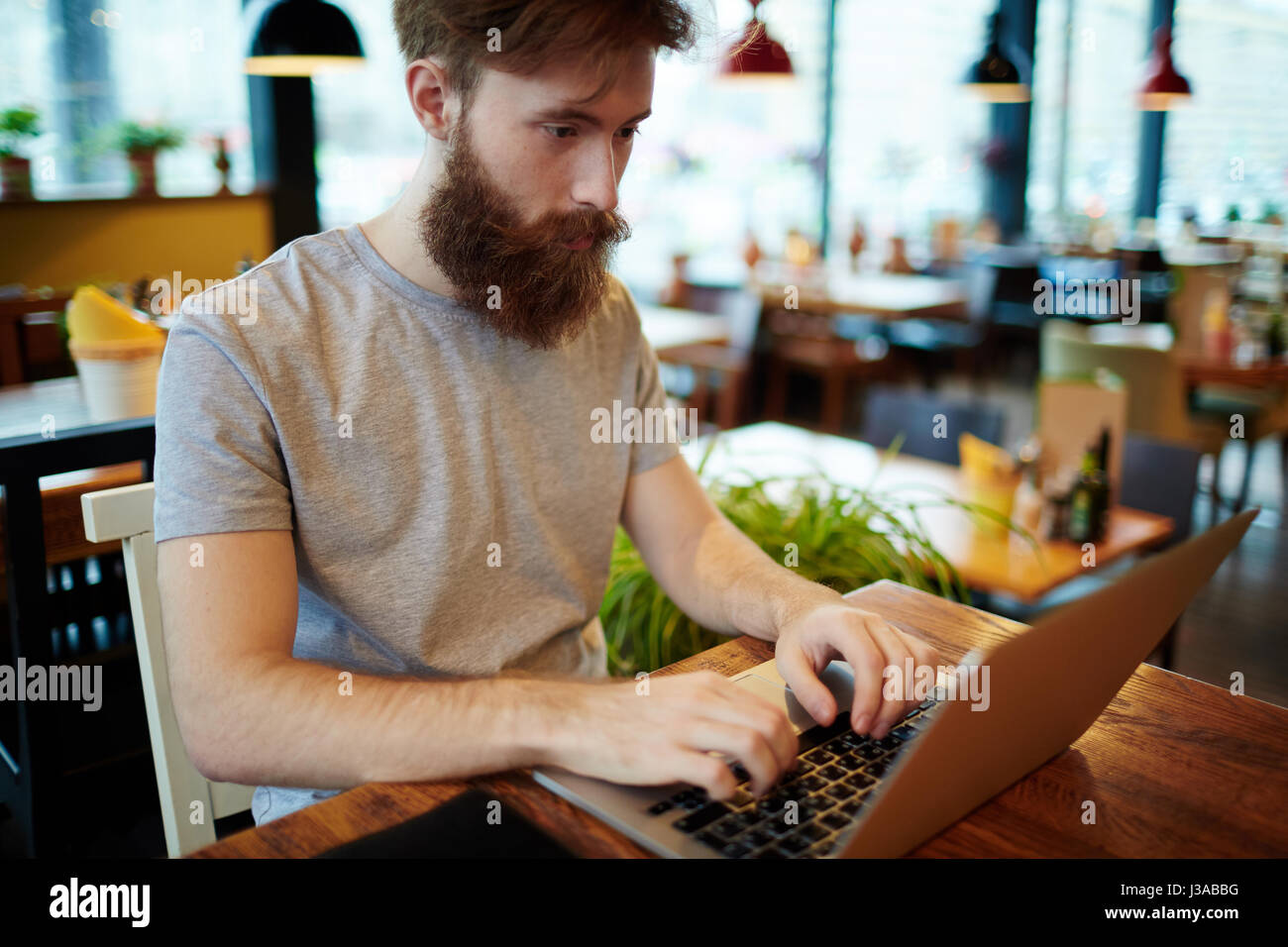 Young Financial Manager Working from Coffeehouse Stock Photo