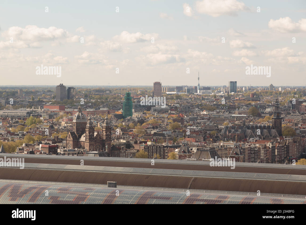 The city of Amsterdam, Netherlands, as seen from the top of the Amsterdam tower on the northern side of the main canal. Stock Photo