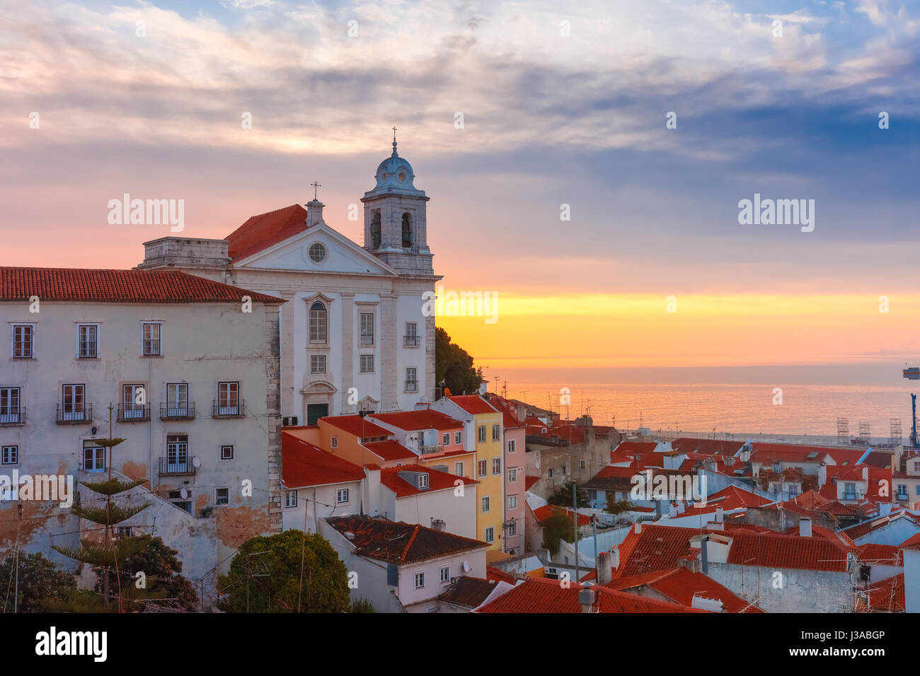 Alfama at cloudy sunrise, Lisbon, Portugal Stock Photo