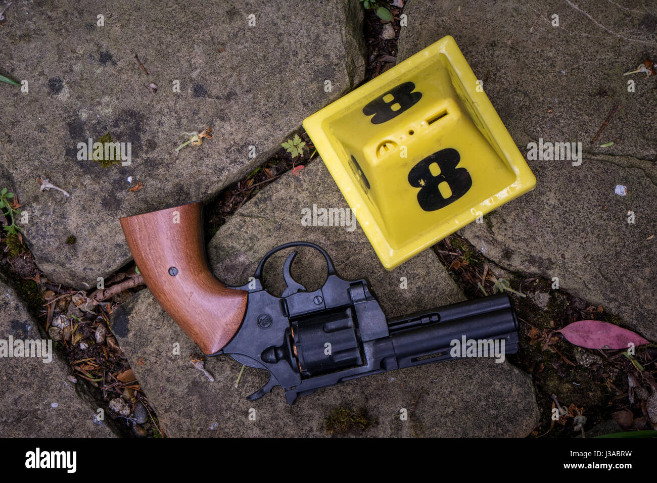 hand gun at a crime scene Stock Photo