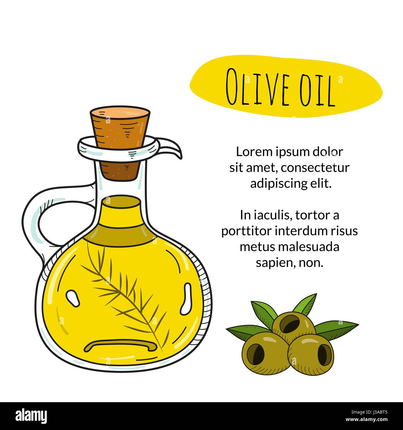Colorful hand drawn olive oil bottle with sample text Stock Vector