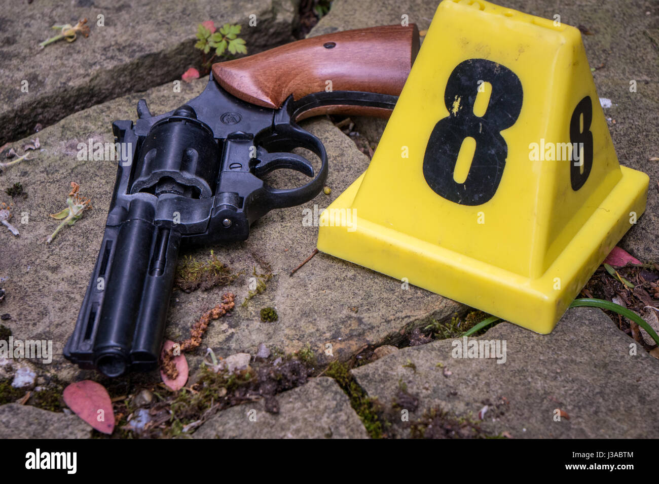 hand gun at a crime scene Stock Photo