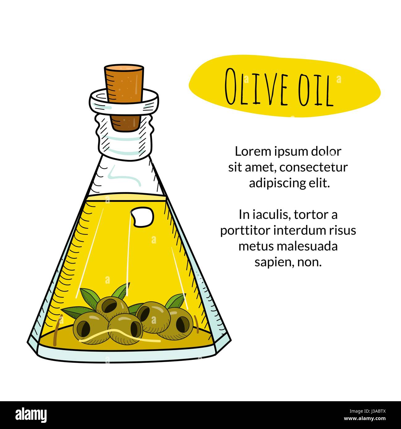 Colorful hand drawn olive oil bottle with sample text Stock Vector