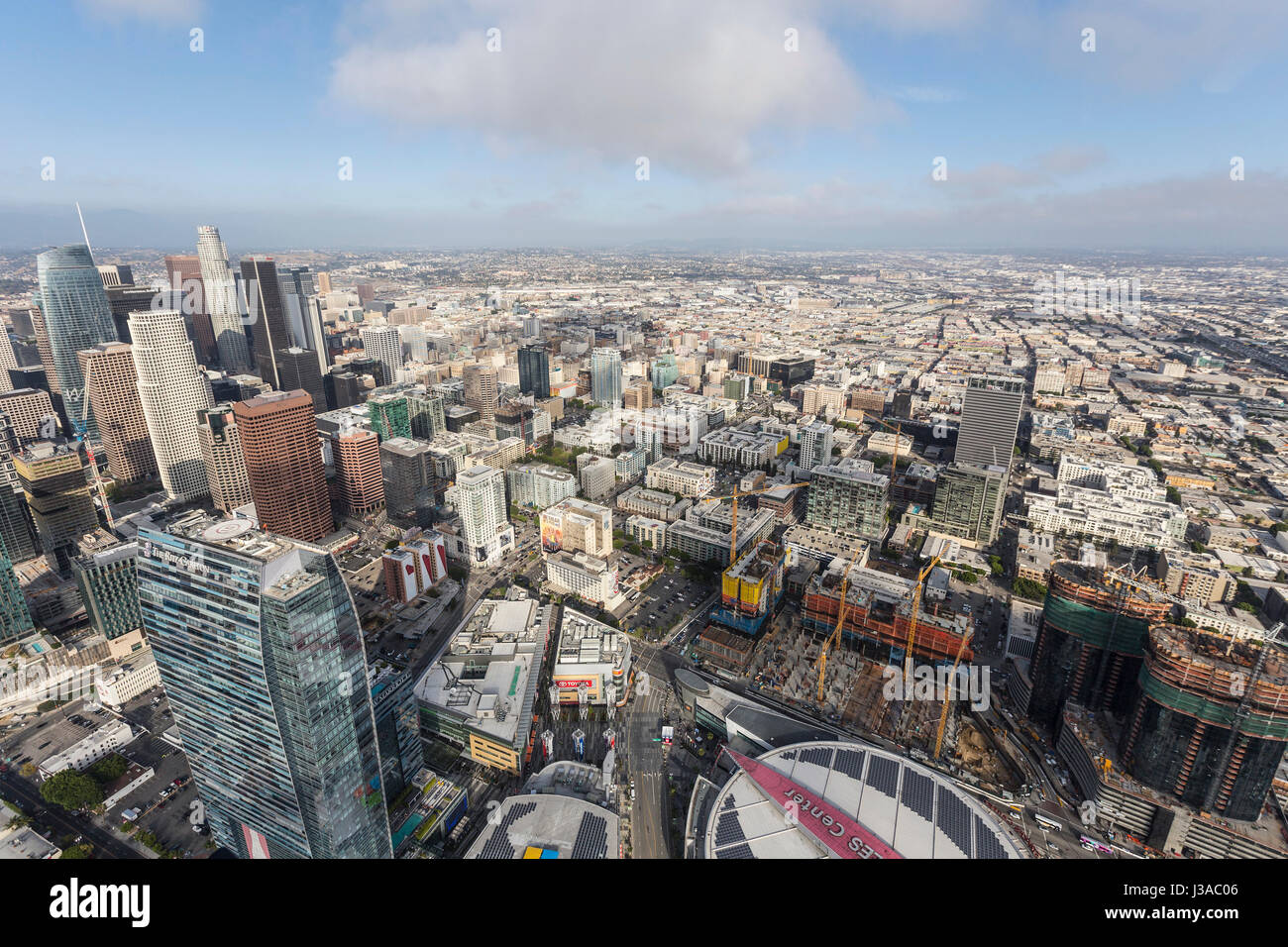 Los Angeles, California, USA - April 12, 2017:  Aerial view of the fast changing South Park area of downtown LA in Southern California. Stock Photo