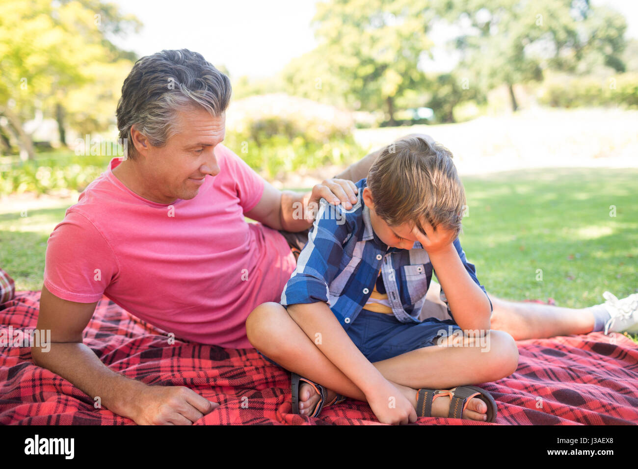 Father consoling his son at picnic in park on a sunny day Stock Photo ...