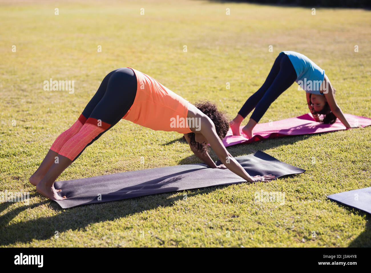 Girl practicing downward facing dog positiong with female trainer at park Stock Photo