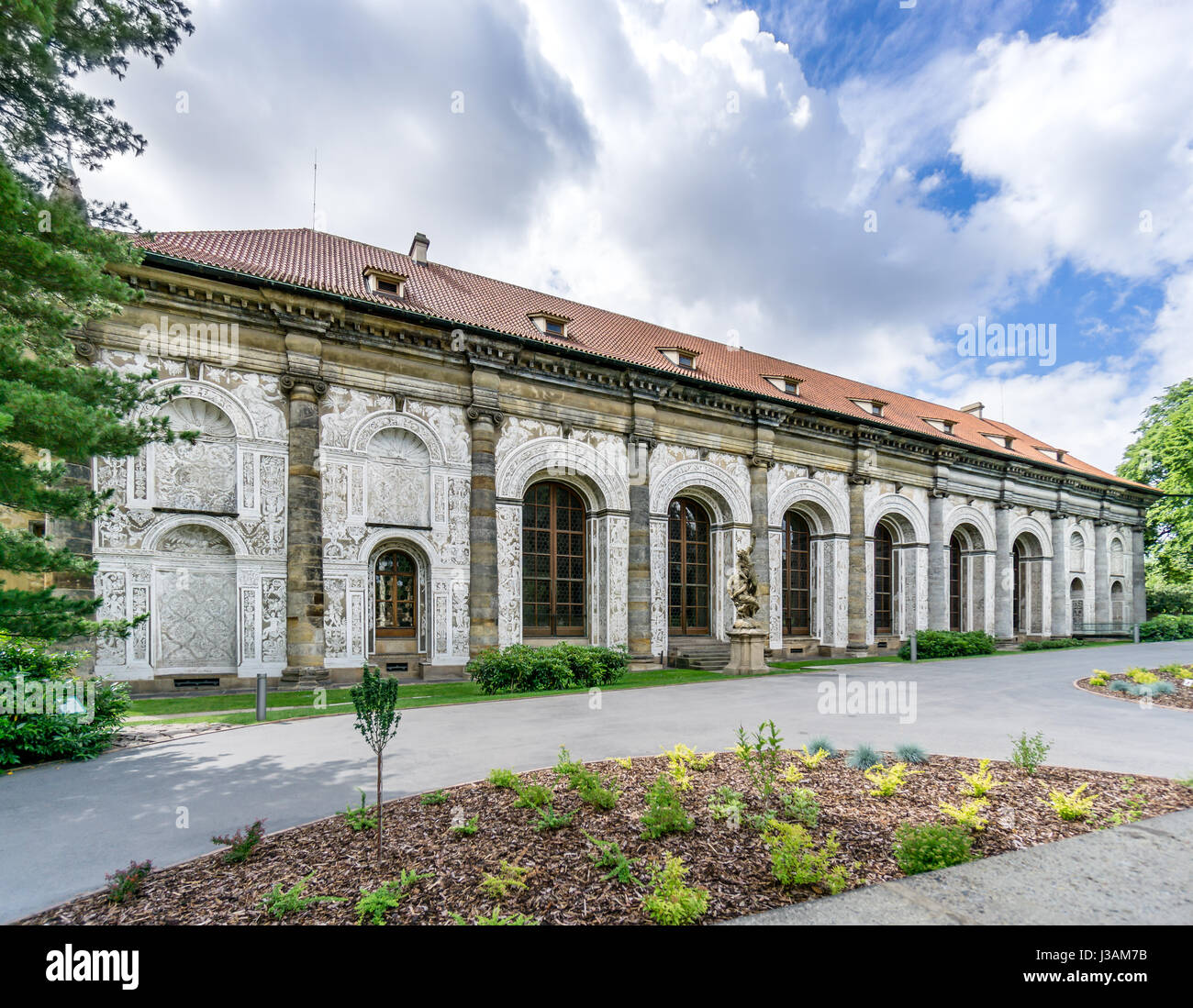 The beautiful Renaissance building in the Royal Gardens at Prague Castle, Ball Games Hall. Stock Photo