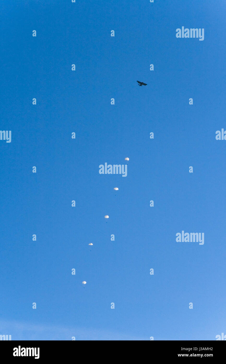 A small plane and parachutes in a cloudless sky Stock Photo Alamy