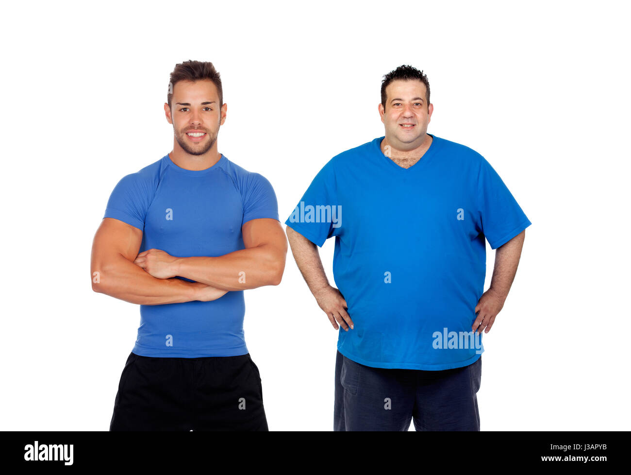 Fat man and his coach ready to train isolated on a white background Stock Photo