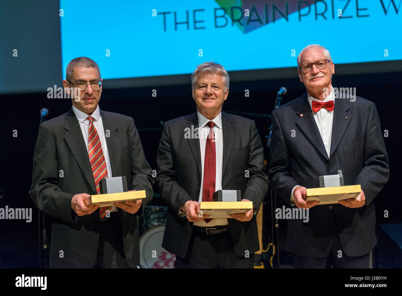 Copenhagen, Denmark. 4th May, 2017. The Lundbeck Foundation's major research prize – The Brain Prize – goes this year to three UK-based brain researchers for explaining how learning is associated with the reward system of the brain. The prizewinners have found a key to understanding the mechanisms in the brain that lead to compulsive gambling, drug addiction and alcoholism. The Brain prize is the world's biggest prize within brain research. Credit: Matthew James Harrison/Alamy Live News Stock Photo