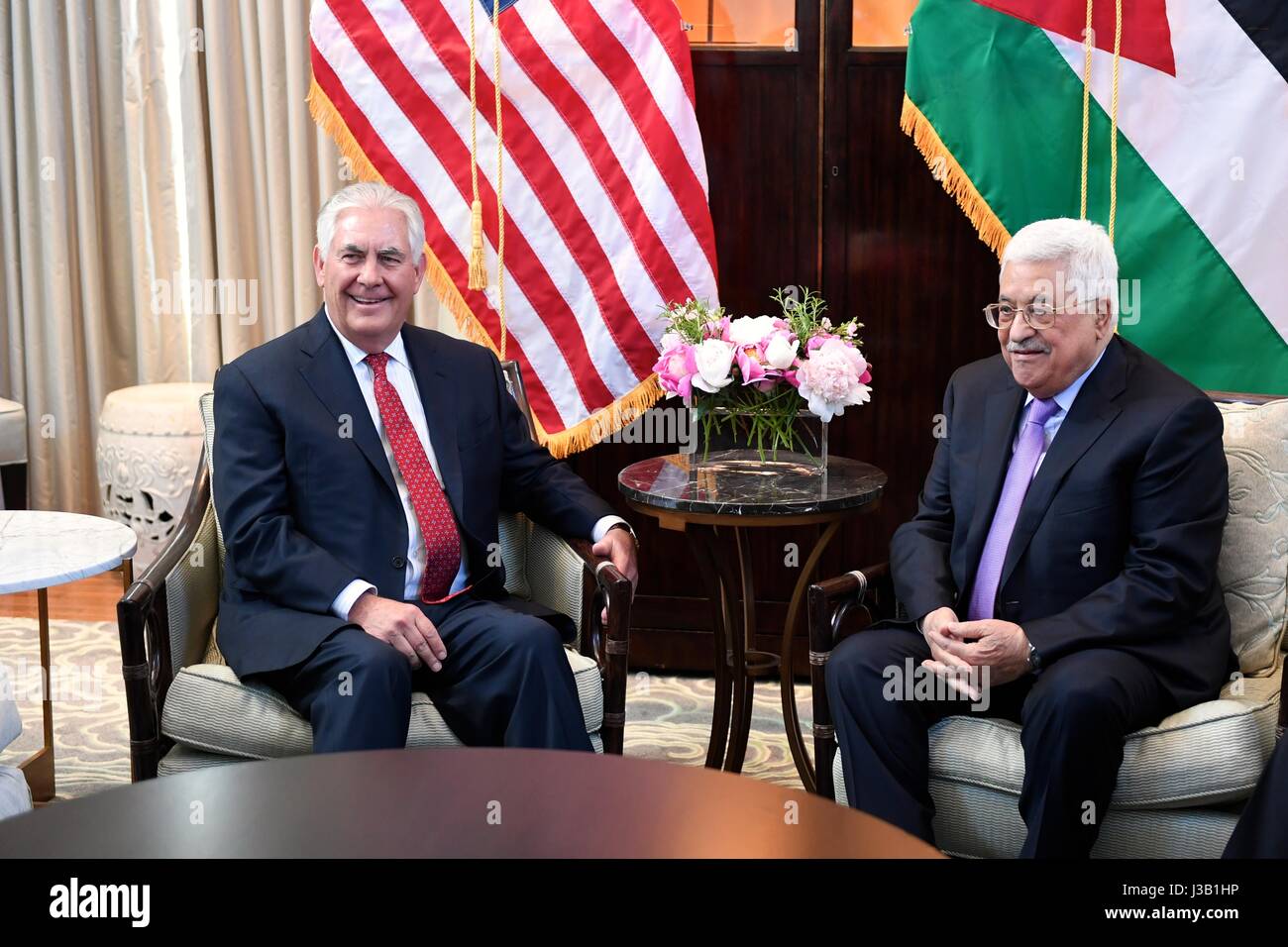 U.S. Secretary of State Rex Tillerson and Palestinian Authority President Mahmoud Abbas before bilateral talks May 3, 2017 in Washington, D.C. Stock Photo