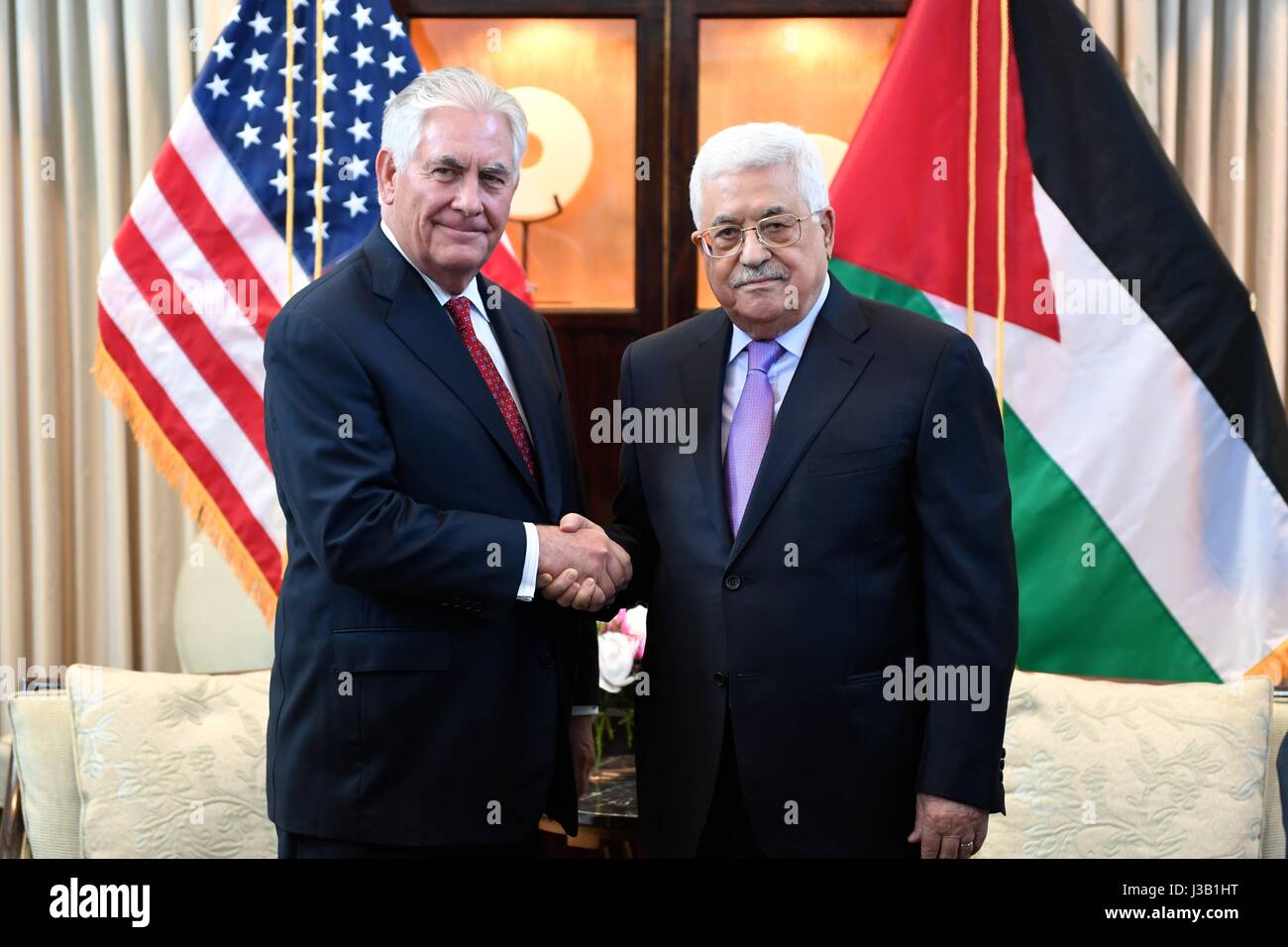 U.S. Secretary of State Rex Tillerson greets Palestinian Authority President Mahmoud Abbas before bilateral talks May 3, 2017 in Washington, D.C. Stock Photo
