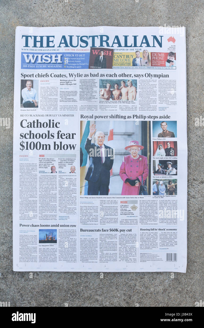 Adelaide, Australia. 5th May, 2017. The front page of the Australian national newspaper features HRH Prince Philip announcement to step down from Royal engagements at the age of 96 years Credit: amer ghazzal/Alamy Live News Stock Photo