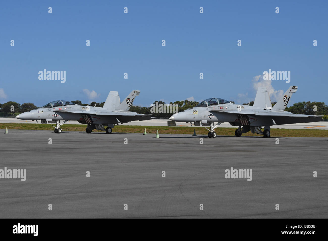 FORT LAUDERDALE FL - MAY 04: U.S. Navy F/A-18F Super Hornets sit on the tarmac at Fort Lauderdale Executive Airport during Fort Lauderdale Air Show Media day on May 4, 2017 in Fort Lauderdale, Florida. Credit: mpi04/MediaPunch Stock Photo
